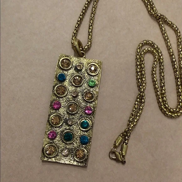 Fabulous Goldtone Rectangular Pendant Necklace with Multicolor Colorful Stones - Picture 5 of 6